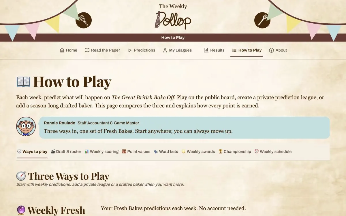 The Weekly Dollop How to Play page with its bunting masthead and introduction to the three game modes