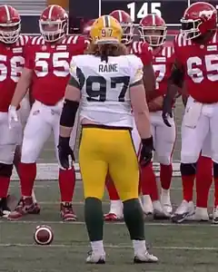 Adam Raine viewed from behind in a white Edmonton Elks jersey with RAINE across the shoulders, a yellow helmet, and yellow pants, lining up on the field.
