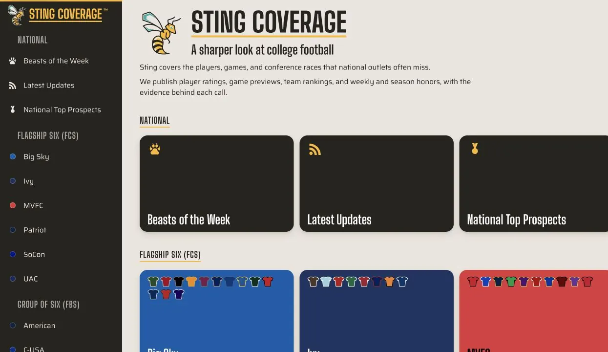 The current Sting Coverage homepage with a dark navigation rail, national coverage desk, and colorful conference hubs